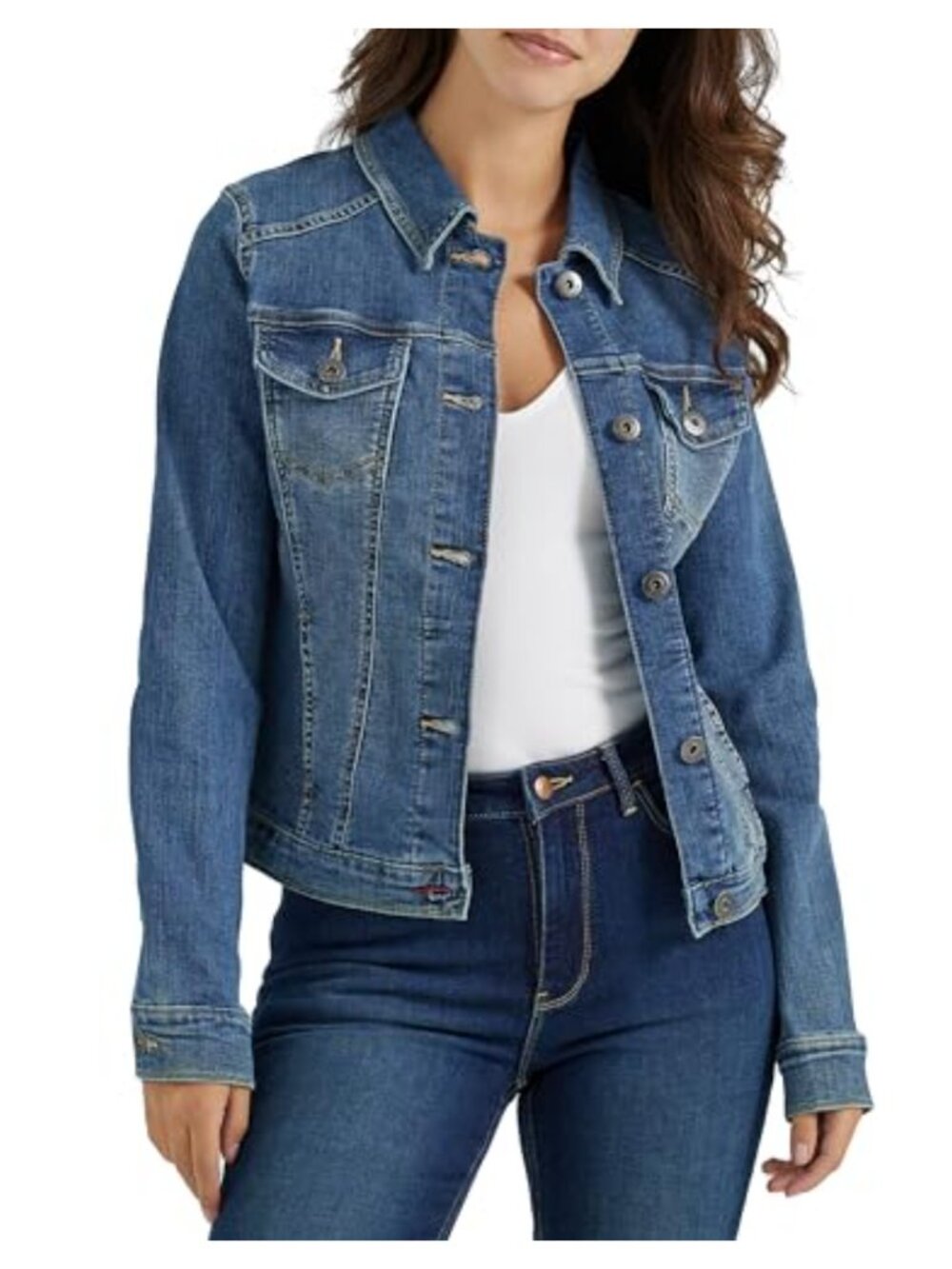 Stretch Denim Jacket Button Front Flap Pockets Western Yoke Classic Fit